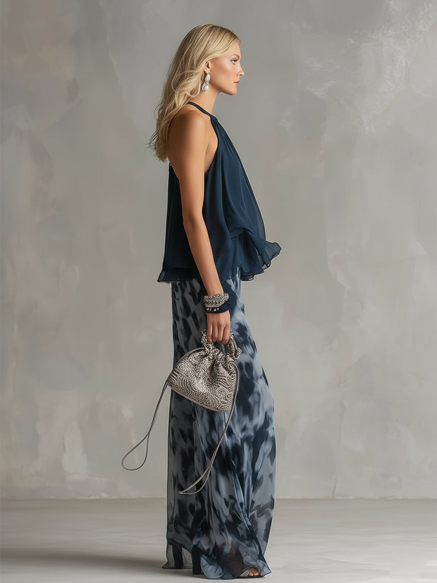 LUDOVICA – ELEGANTE CONJUNTO DE GASA CON BLUSA HALTER Y PANTALONES ANCHOS ESTAMPADOS