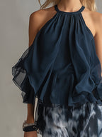 LUDOVICA – ELEGANTE CONJUNTO DE GASA CON BLUSA HALTER Y PANTALONES ANCHOS ESTAMPADOS