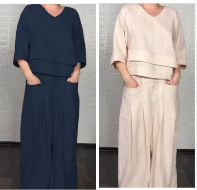 LIZA - CONJUNTO DE DOS PIEZAS:TOP CON CUELLO EN V Y PANTALÓN CON PIERNA ANCHA
