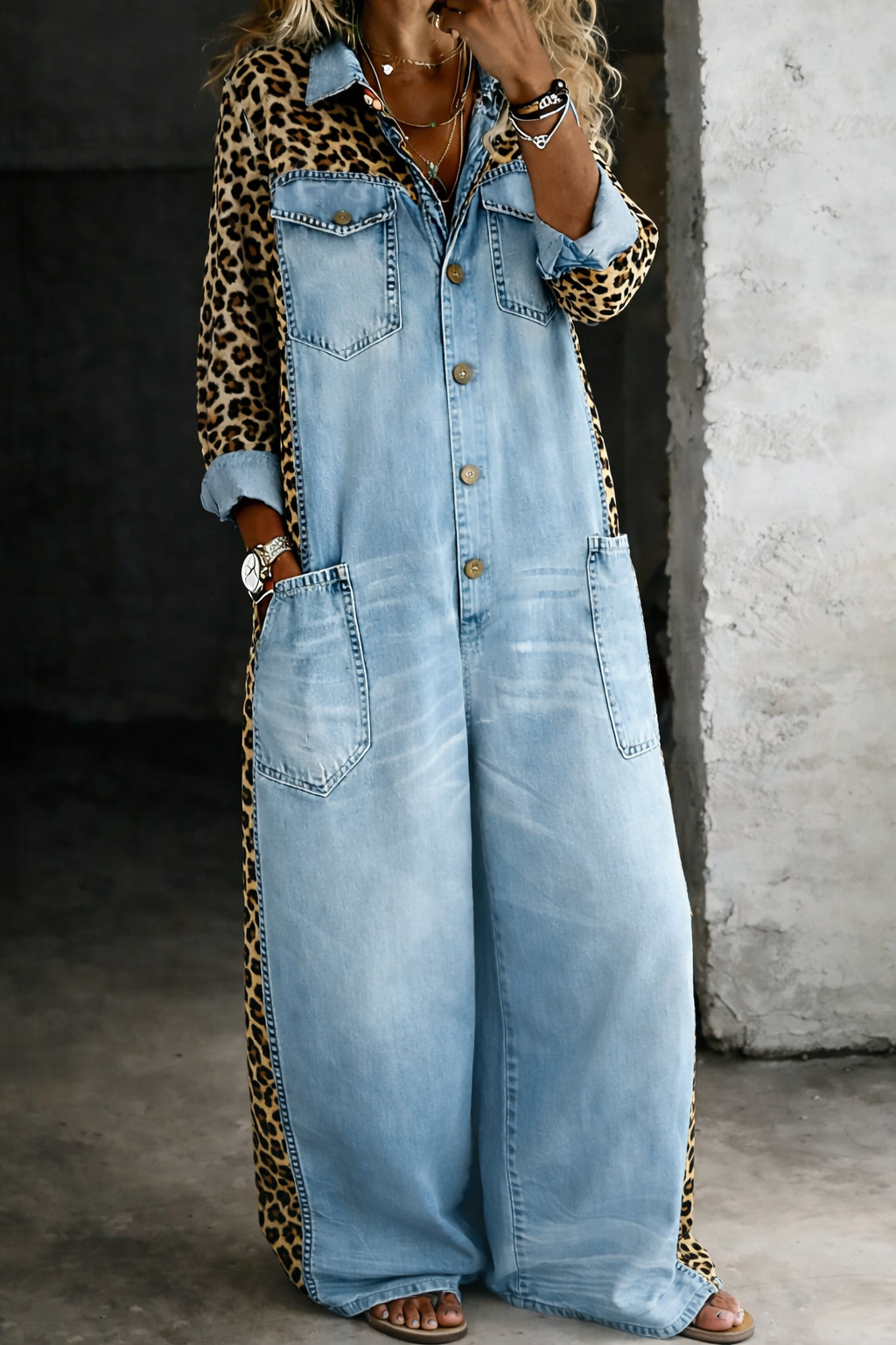 AMANDA - MONO MEZCLILLA DE PIERNA ANCHA CON ESTAMPADO DE LEOPARDO