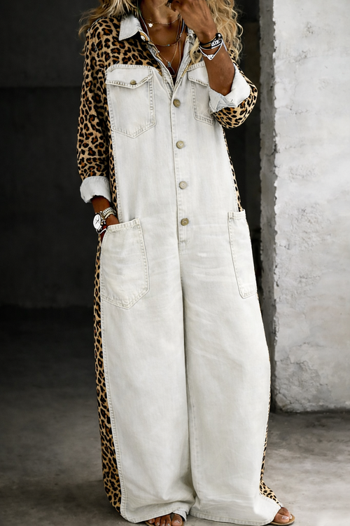 AMANDA - MONO MEZCLILLA DE PIERNA ANCHA CON ESTAMPADO DE LEOPARDO