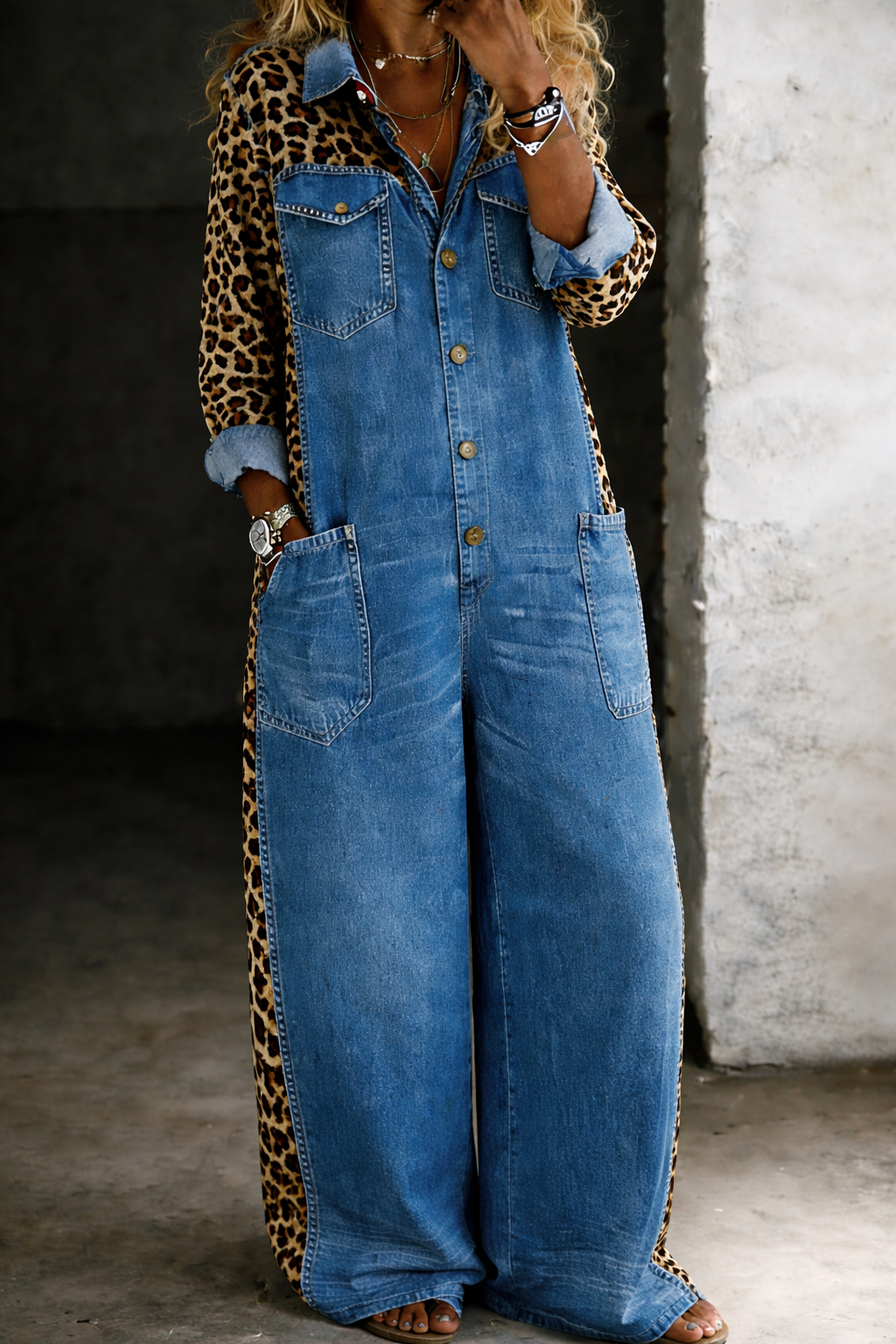 AMANDA - MONO MEZCLILLA DE PIERNA ANCHA CON ESTAMPADO DE LEOPARDO