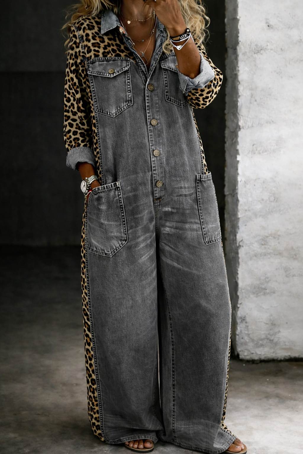 AMANDA - MONO MEZCLILLA DE PIERNA ANCHA CON ESTAMPADO DE LEOPARDO