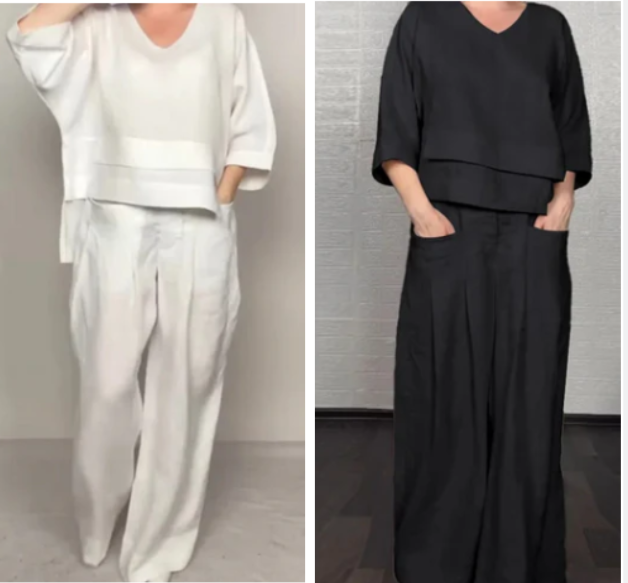 LIZA - CONJUNTO DE DOS PIEZAS:TOP CON CUELLO EN V Y PANTALÓN CON PIERNA ANCHA