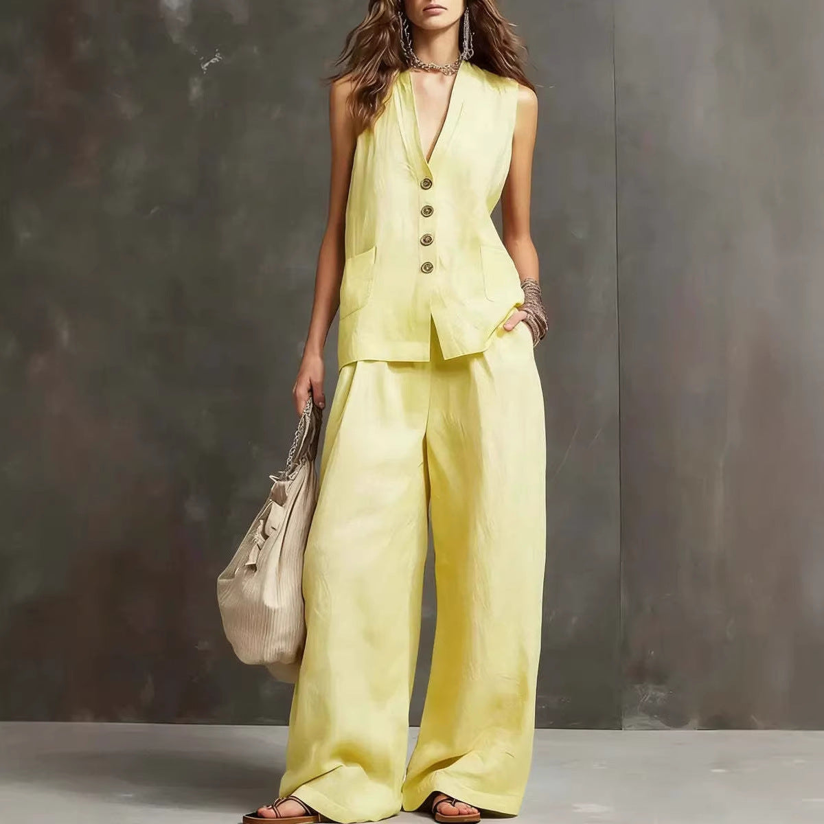 CANDE - TRAJE DE DOS PIEZAS CON CHALECO SIN MANGAS Y PANTALÓN DE PIERNA ANCHA