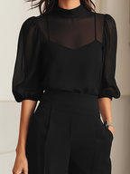 VALENTINA - CONJUNTO DE TRES PIEZAS CON TOP CAMISOLA TRANSAPRENTE Y PANTALONES DE PIERNA ANCHA