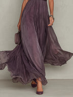 FLAVIA | VESTIDO LARGO MORADO CON ESCOTE EN FORMA DE OJO DE CERRADURA Y RIBETE DE ENCAJE DE GASA