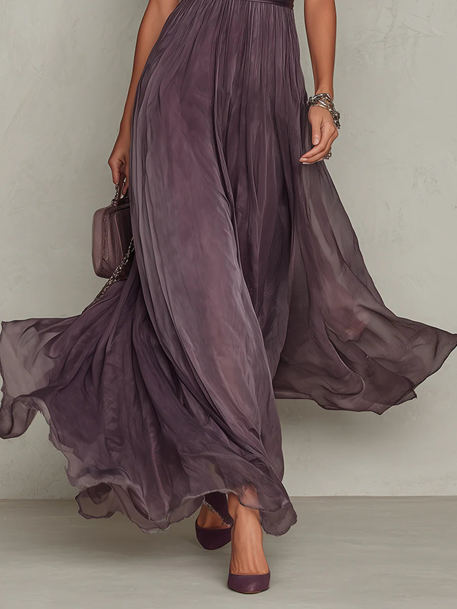 FLAVIA | VESTIDO LARGO MORADO CON ESCOTE EN FORMA DE OJO DE CERRADURA Y RIBETE DE ENCAJE DE GASA