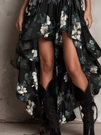 VESTIDO LARGO BOHEMIO CON TIRANTES, ESTAMPADO FLORAL Y CORTE ASIMÉTRICO