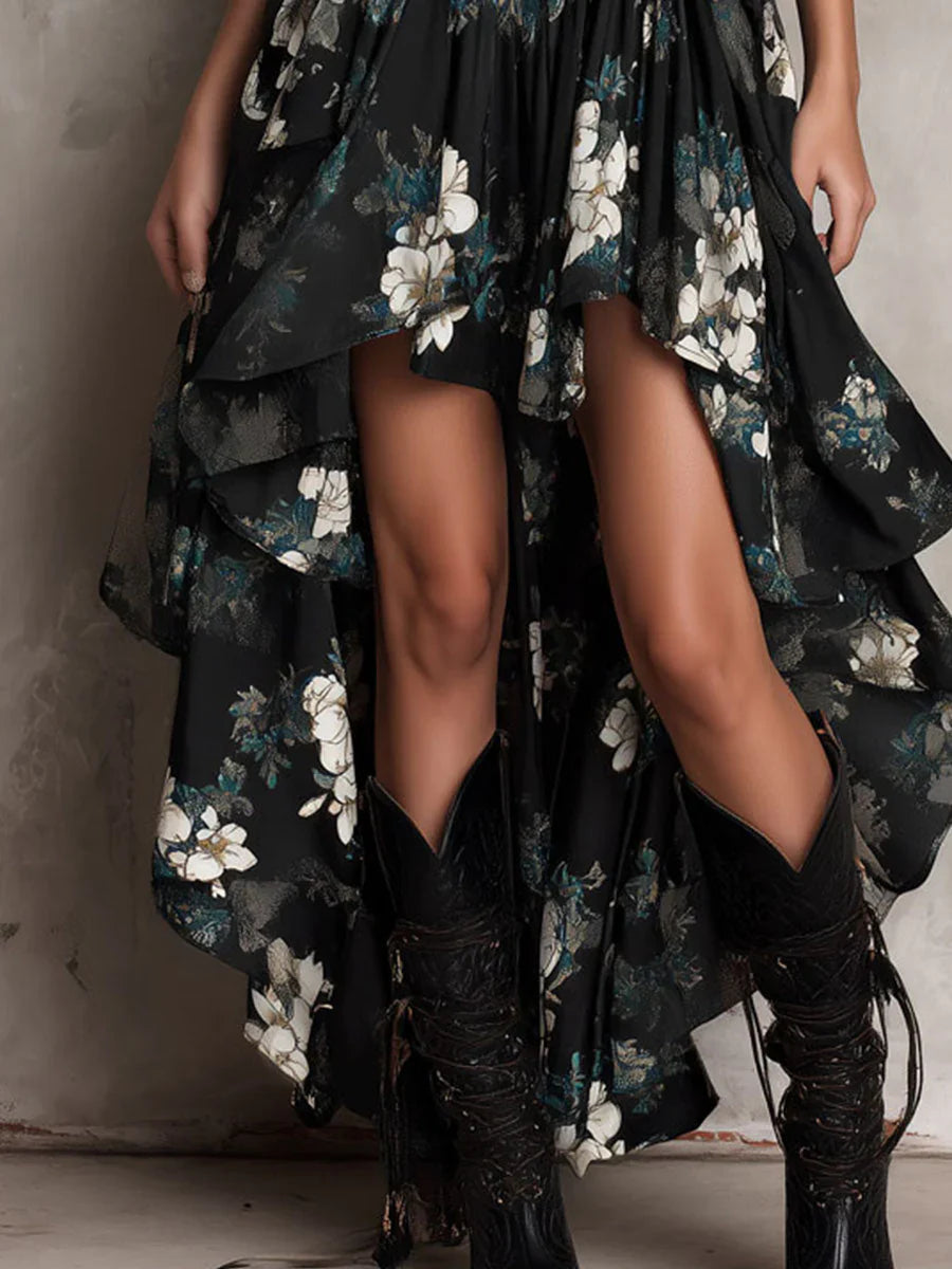 VESTIDO LARGO BOHEMIO CON TIRANTES, ESTAMPADO FLORAL Y CORTE ASIMÉTRICO