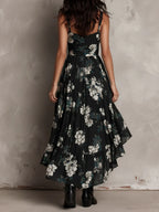 VESTIDO LARGO BOHEMIO CON TIRANTES, ESTAMPADO FLORAL Y CORTE ASIMÉTRICO