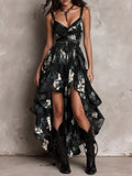 VESTIDO LARGO BOHEMIO CON TIRANTES, ESTAMPADO FLORAL Y CORTE ASIMÉTRICO