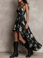 VESTIDO LARGO BOHEMIO CON TIRANTES, ESTAMPADO FLORAL Y CORTE ASIMÉTRICO