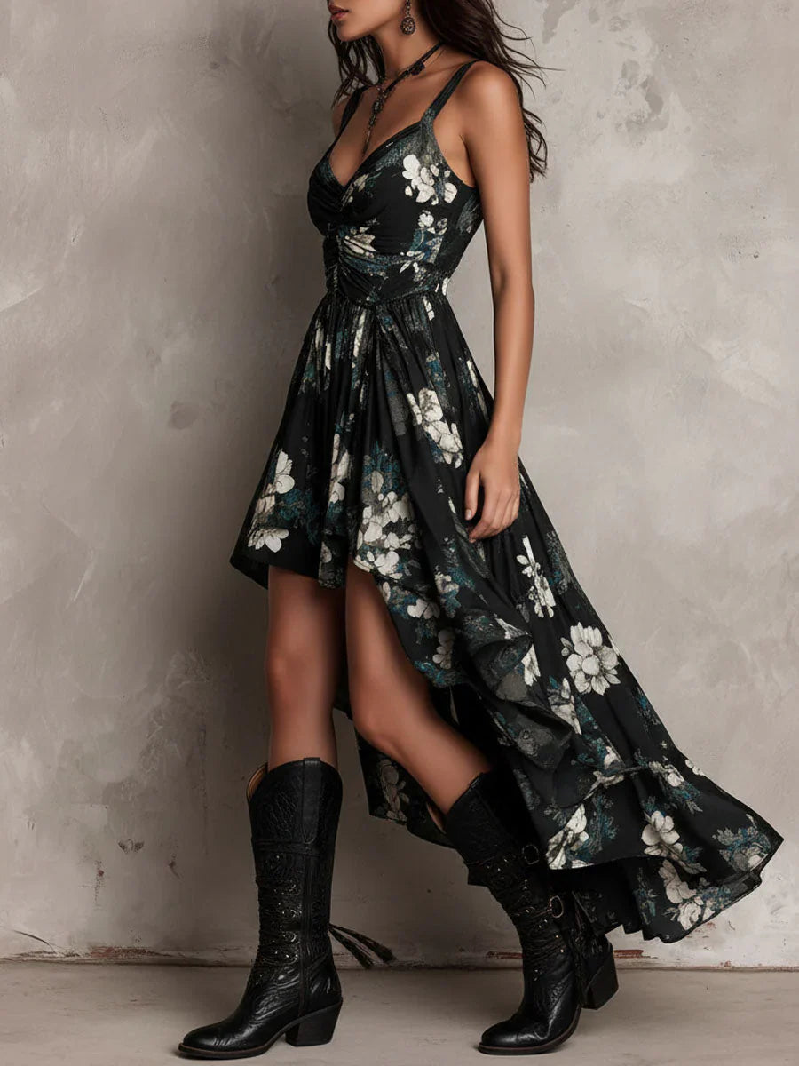 VESTIDO LARGO BOHEMIO CON TIRANTES, ESTAMPADO FLORAL Y CORTE ASIMÉTRICO