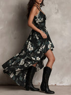 VESTIDO LARGO BOHEMIO CON TIRANTES, ESTAMPADO FLORAL Y CORTE ASIMÉTRICO