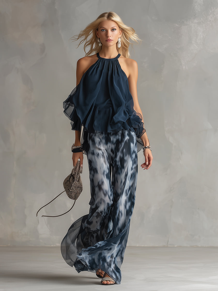 LUDOVICA – ELEGANTE CONJUNTO DE GASA CON BLUSA HALTER Y PANTALONES ANCHOS ESTAMPADOS