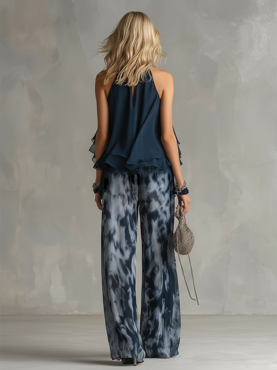 LUDOVICA – ELEGANTE CONJUNTO DE GASA CON BLUSA HALTER Y PANTALONES ANCHOS ESTAMPADOS