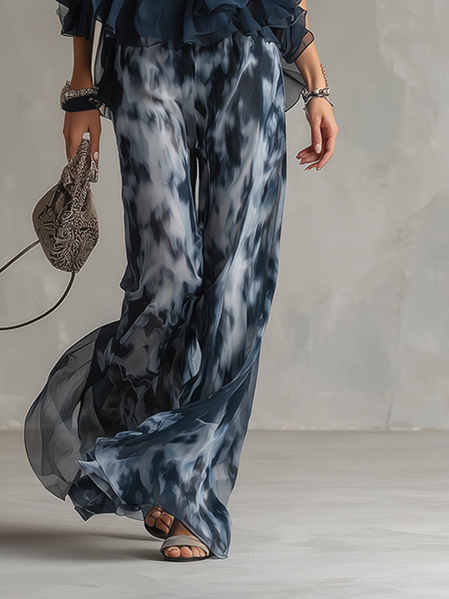 LUDOVICA – ELEGANTE CONJUNTO DE GASA CON BLUSA HALTER Y PANTALONES ANCHOS ESTAMPADOS
