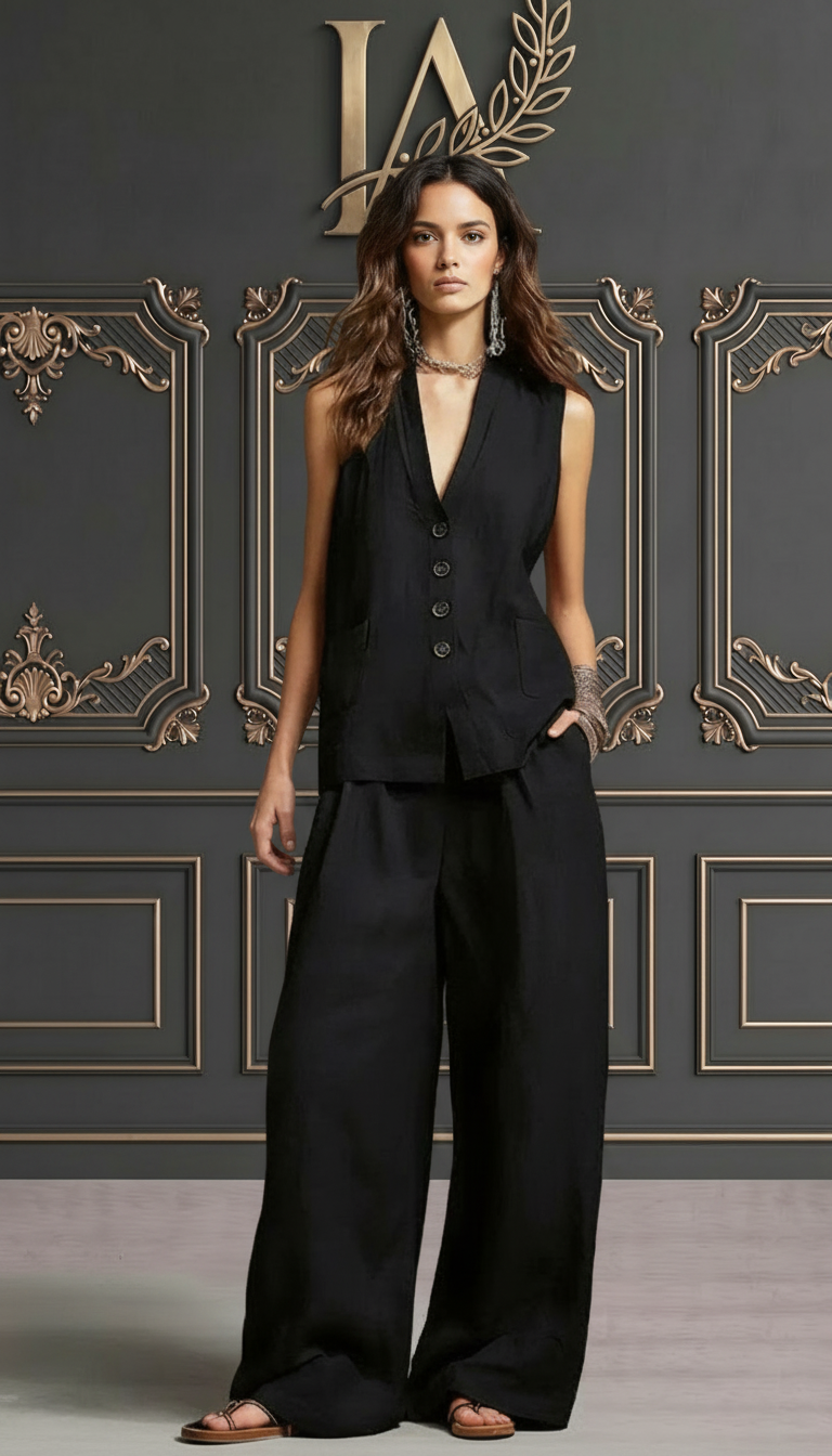 CANDE - TRAJE DE DOS PIEZAS CON CHALECO SIN MANGAS Y PANTALÓN DE PIERNA ANCHA