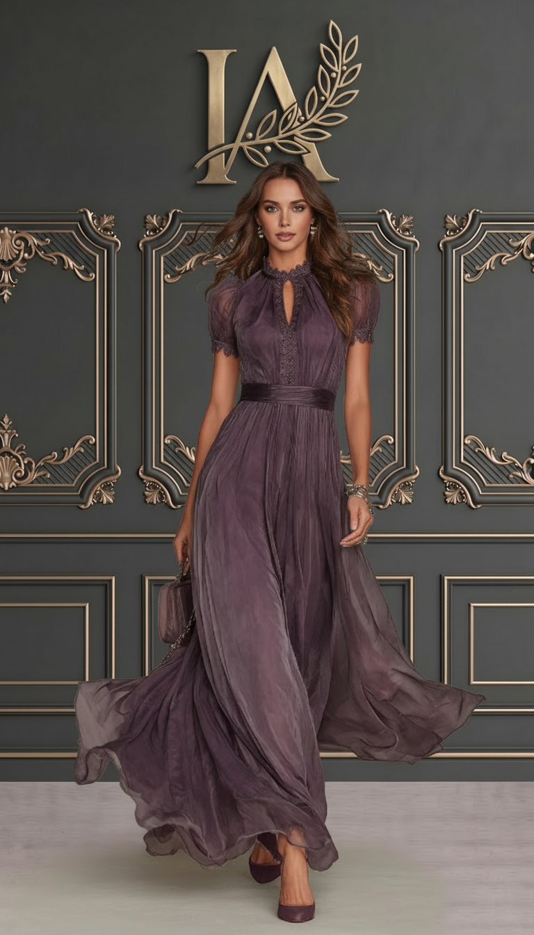 FLAVIA | VESTIDO LARGO MORADO CON ESCOTE EN FORMA DE OJO DE CERRADURA Y RIBETE DE ENCAJE DE GASA
