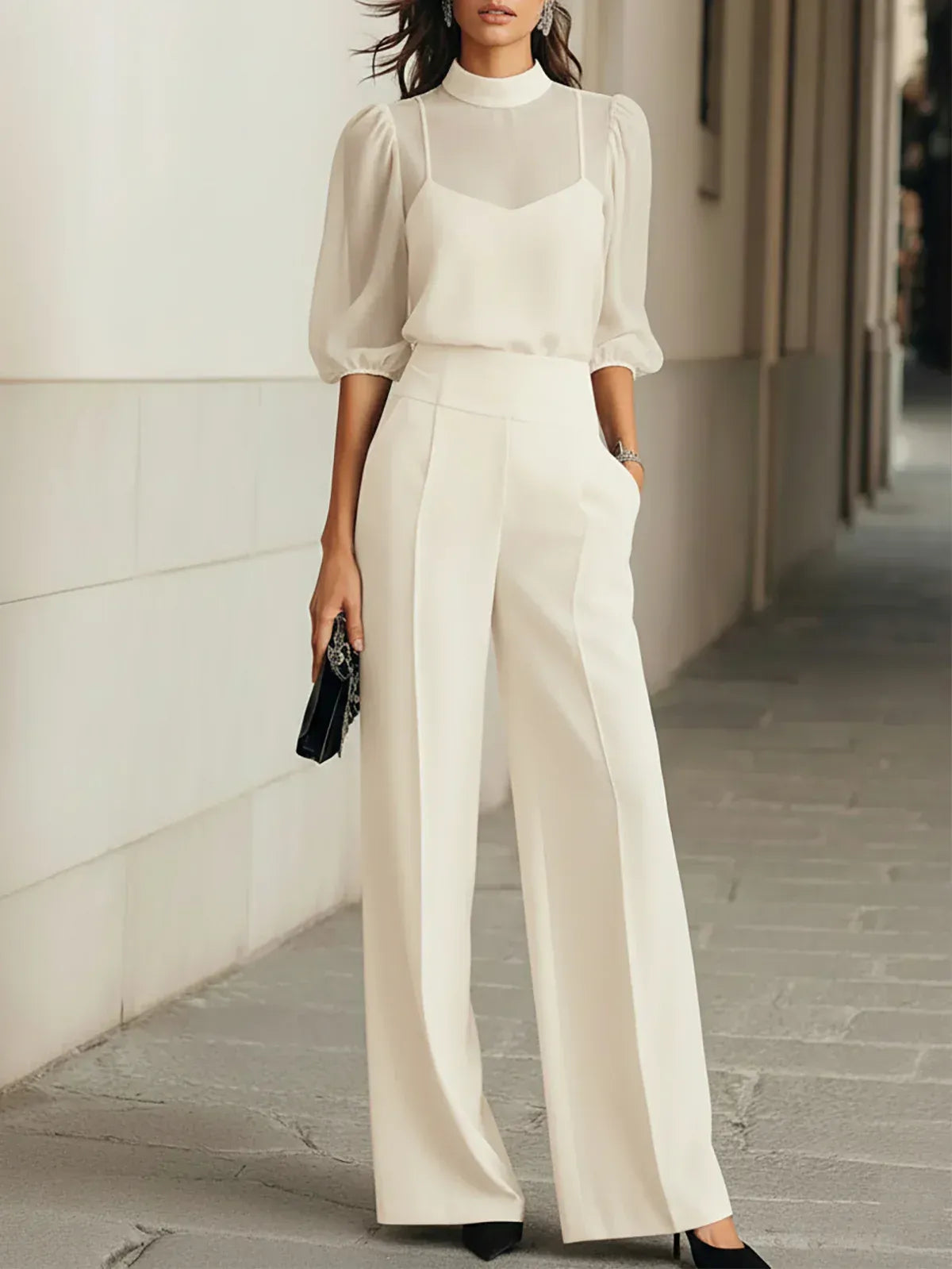 VALENTINA - CONJUNTO DE TRES PIEZAS CON TOP CAMISOLA TRANSAPRENTE Y PANTALONES DE PIERNA ANCHA