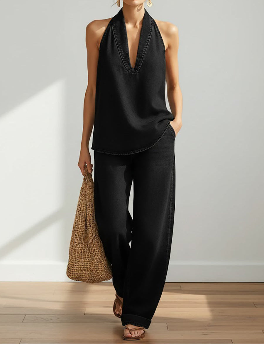 LENA - CONJUNTO HOLGADO DE MEZCLILLA CON ESCOTE HALTER