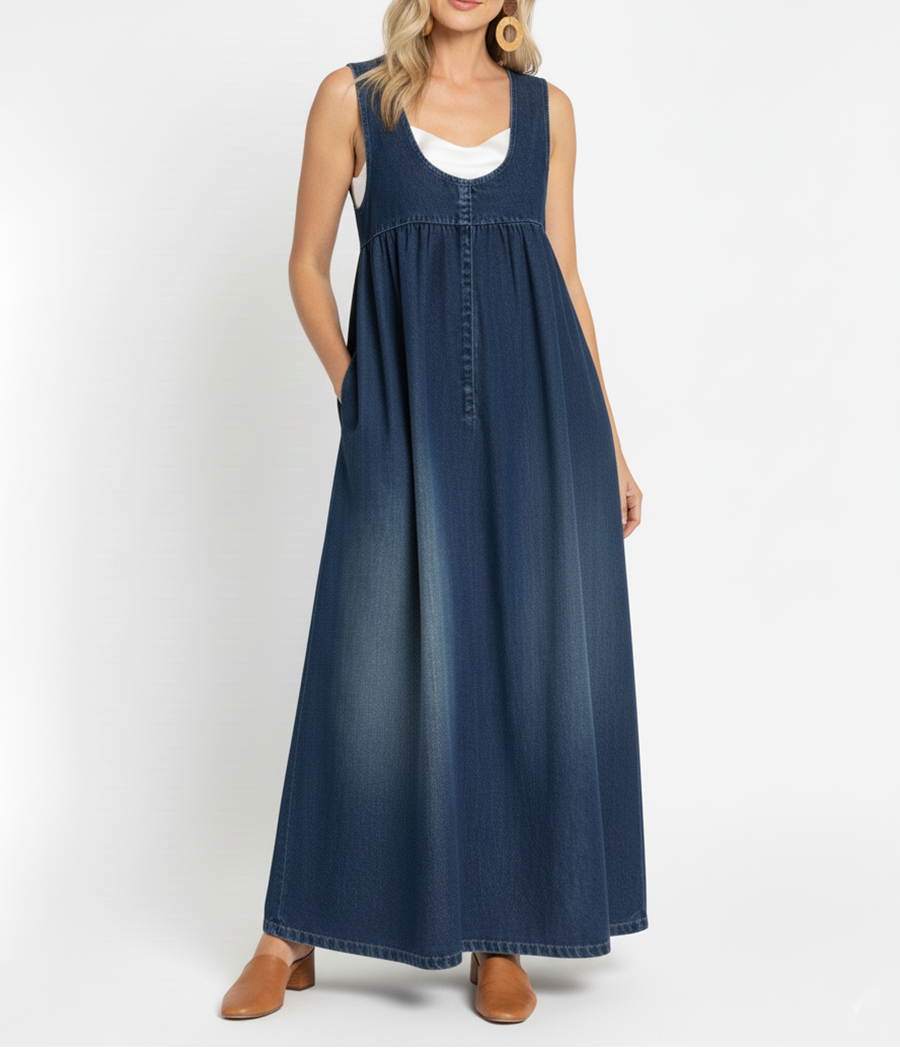 AVERY - VESTIDO LARGO DE MEZCLILLA SIN MANGAS DE CORTE RELAJADO