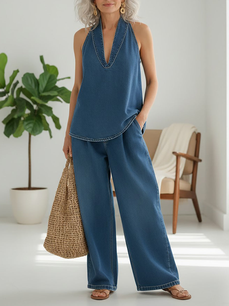 LENA - CONJUNTO HOLGADO DE MEZCLILLA CON ESCOTE HALTER