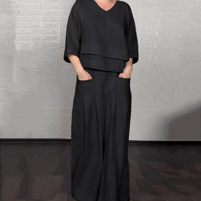 LIZA - CONJUNTO DE DOS PIEZAS:TOP CON CUELLO EN V Y PANTALÓN CON PIERNA ANCHA