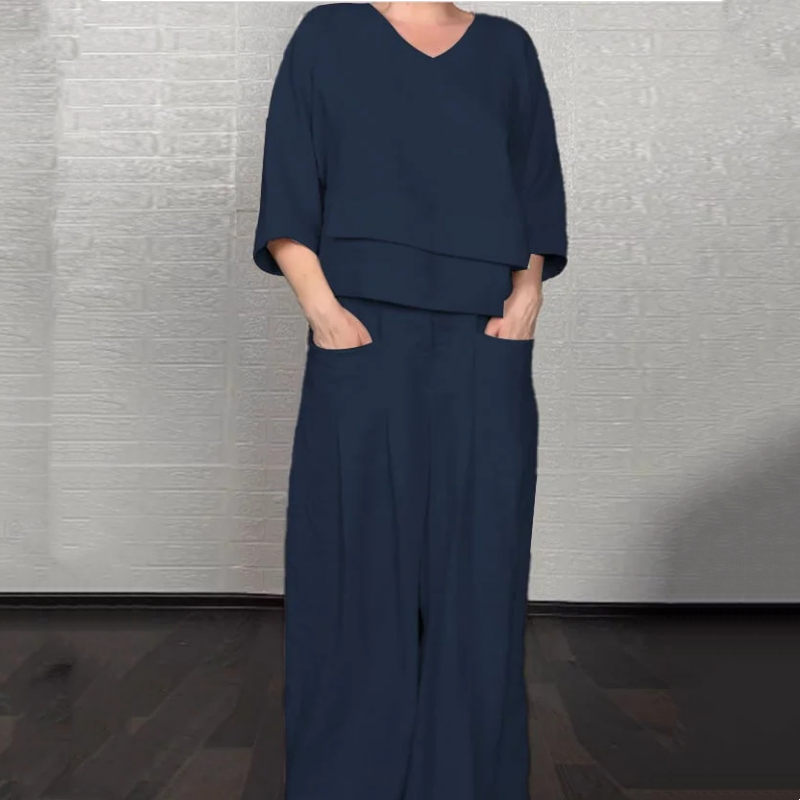 LIZA - CONJUNTO DE DOS PIEZAS:TOP CON CUELLO EN V Y PANTALÓN CON PIERNA ANCHA