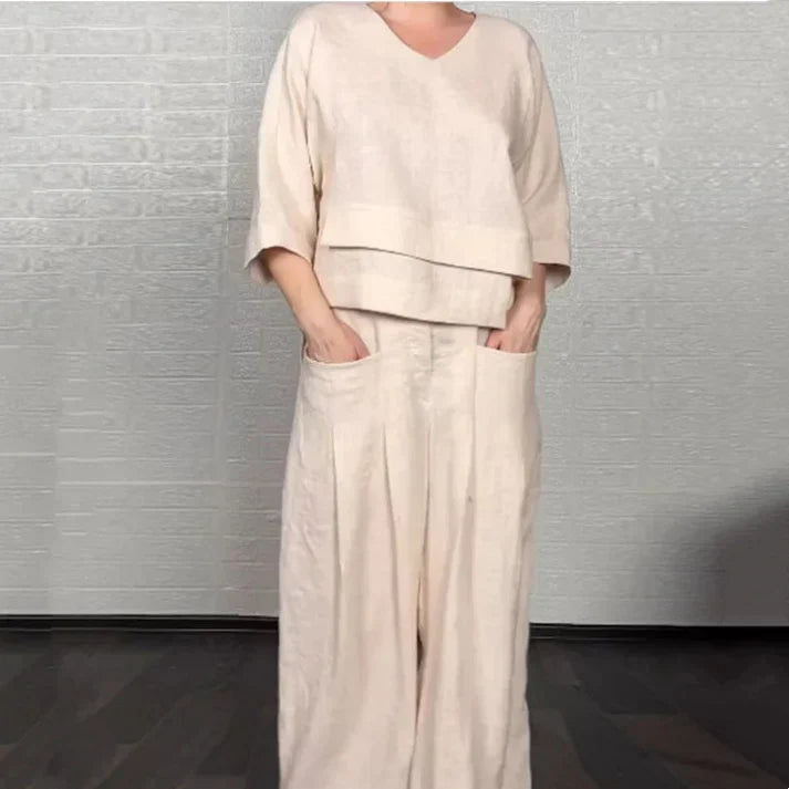 LIZA - CONJUNTO DE DOS PIEZAS:TOP CON CUELLO EN V Y PANTALÓN CON PIERNA ANCHA