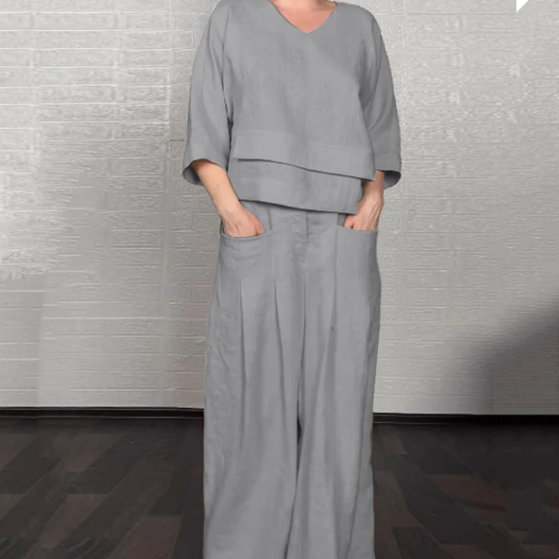 LIZA - CONJUNTO DE DOS PIEZAS:TOP CON CUELLO EN V Y PANTALÓN CON PIERNA ANCHA